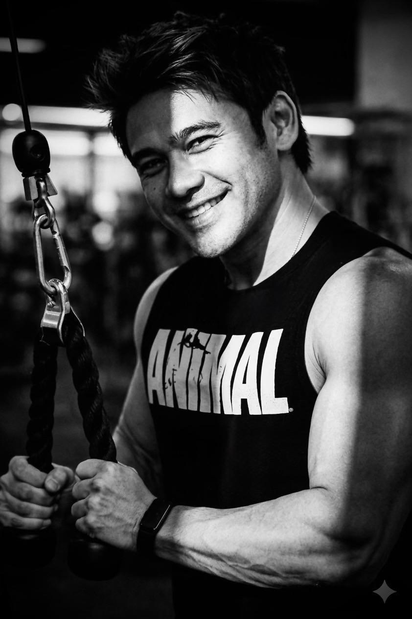 Black-and-white portrait of Rudy Rahman, rehabilitation-focused performance coach, smiling.
